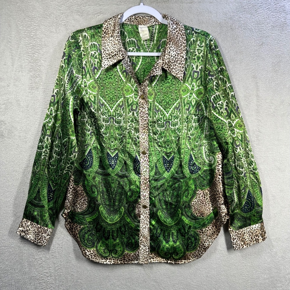 Lavender & Honey Button Down Shirt Womens M Green Paisley Leopard Print Blouse